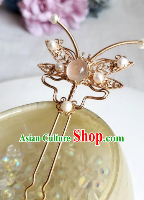 Chinese Ancient Royal Princess Albite Hairpins Hair Accessories Handmade Ming Dynasty Hanfu Golden Dragonfly Hair Stick