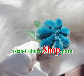 Chinese Ancient Qing Dynasty Blue Velvet Chrysanthemum Hair Stick Handmade Hair Accessories Hanfu Princess Hairpins