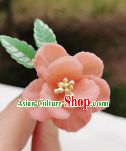 Chinese Qing Dynasty Pink Velvet Camellia Hair Stick Handmade Hair Accessories Hanfu Ancient Princess Flowers Hairpins
