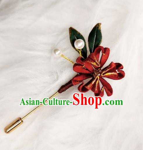 Chinese Handmade Dark Red Silk Lotus Brooch Classical Jewelry Accessories Hanfu Breastpin