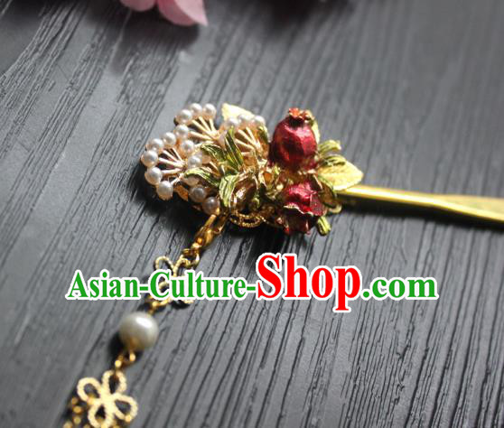 Chinese Classical Golden Leaf Hair Stick Handmade Hanfu Hair Accessories Ancient Ming Dynasty Pomegranate Hairpins