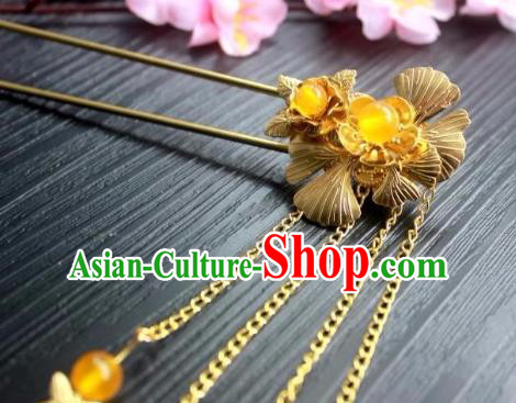 Chinese Classical Hair Stick Handmade Hanfu Hair Accessories Ancient Jin Dynasty Court Golden Ginkgo Leaf Tassel Hairpins
