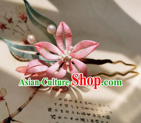 Chinese Classical Silk Peach Blossom Hair Stick Handmade Hanfu Hair Accessories Ancient Song Dynasty Princess Hairpins