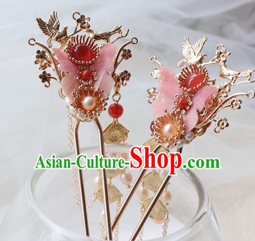 Chinese Classical Pink Silk Butterfly Hair Stick Handmade Hanfu Hair Accessories Ancient Ming Dynasty Princess Golden Hairpins