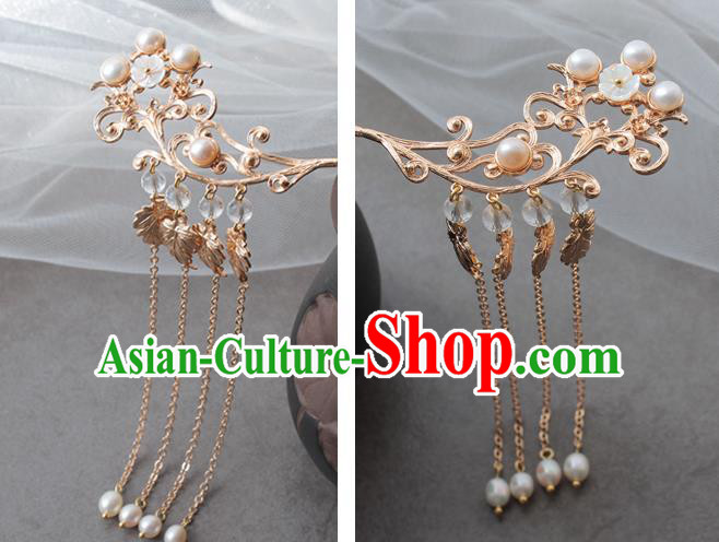 Chinese Classical Pearls Tassel Hair Stick Handmade Hanfu Hair Accessories Ancient Ming Dynasty Princess Golden Hairpins