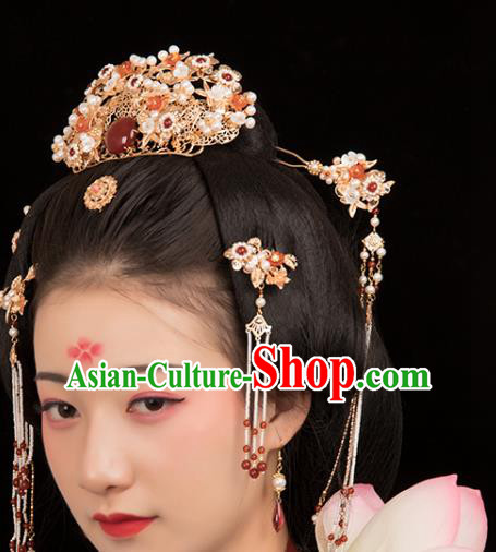 Chinese Classical Court Agate Pearls Hair Crown Handmade Hanfu Hair Accessories Ancient Ming Dynasty Empress Golden Hairpins