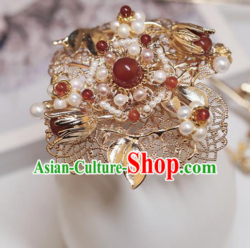 Chinese Classical Court Pearls Agate Hair Crown Handmade Hanfu Hair Accessories Ancient Ming Dynasty Princess Golden Hairpins