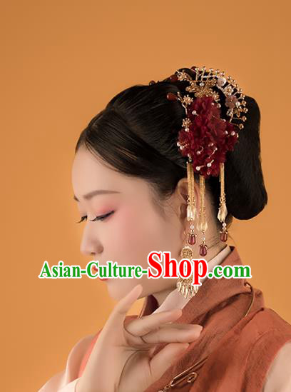 Chinese Classical Court Queen Red Silk Flowers Hair Clasp Handmade Hanfu Hair Accessories Ancient Ming Dynasty Empress Tassel Hair Crown Hairpins