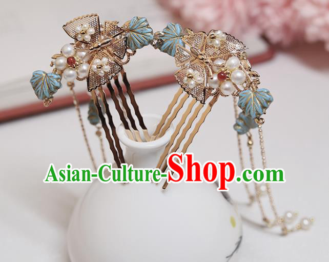 Chinese Classical Court Golden Hair Combs Handmade Hanfu Hair Accessories Ancient Ming Dynasty Princess Blue Leaf Pearls Hairpins