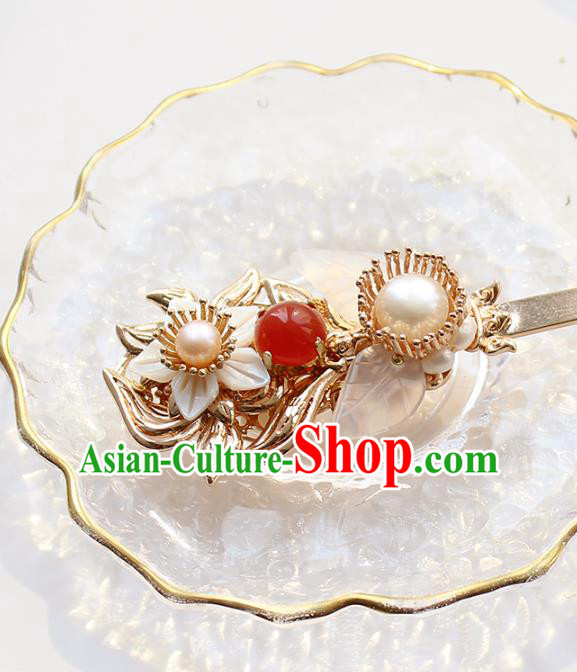 Chinese Classical Agate Golden Hair Stick Handmade Hanfu Hair Accessories Ancient Ming Dynasty Empress Shell Pearl Hairpins
