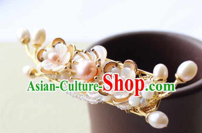 Chinese Classical Golden Hair Stick Handmade Hanfu Hair Accessories Ancient Ming Dynasty Pearls Shell Flowers Hairpins