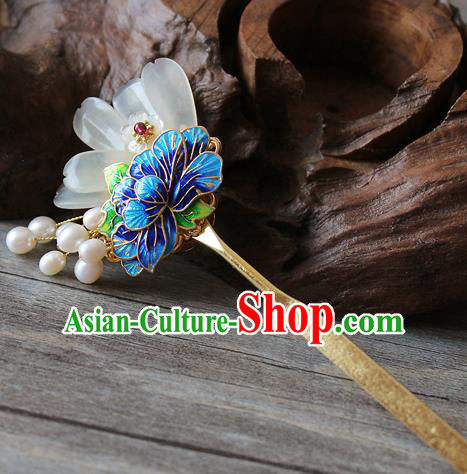 Chinese Classical Blueing Peony Hair Stick Handmade Hanfu Hair Accessories Ancient Ming Dynasty Jade Hairpins