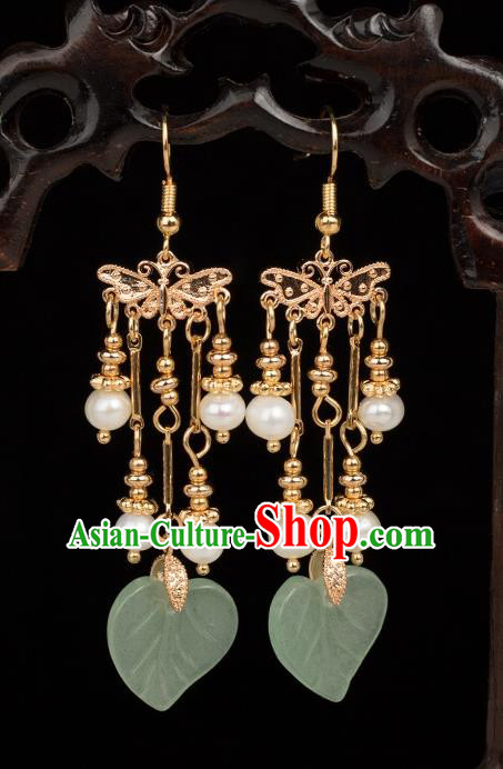 Chinese Handmade Green Jade Leaf Earrings Classical Jewelry Accessories Hanfu Ming Dynasty Princess Golden Tassel Eardrop