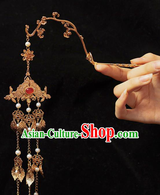 Chinese Classical Golden Leaf Tassel Step Shake Hair Stick Handmade Hanfu Hair Accessories Ancient Ming Dynasty Court Hairpins