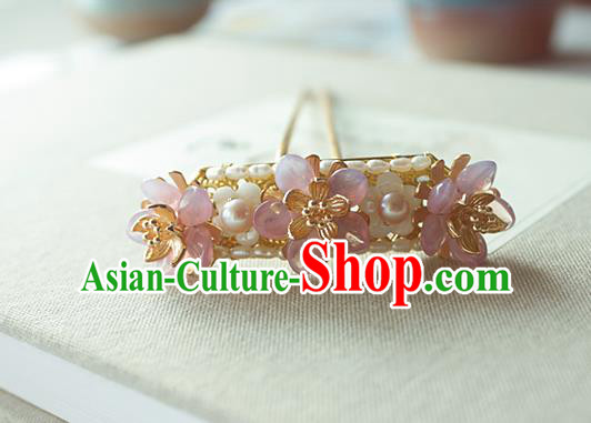Chinese Classical Pearls Hair Stick Handmade Hanfu Hair Accessories Ancient Ming Dynasty Empress Pink Flowers Hairpins