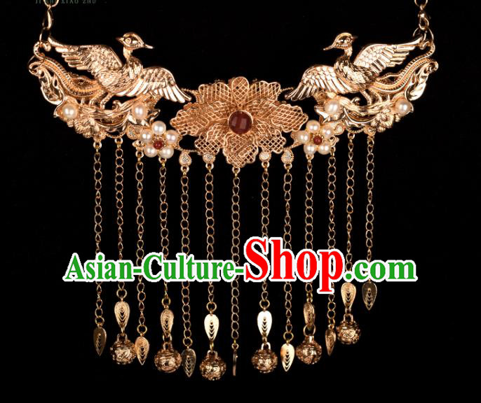 Chinese Handmade Golden Bells Tassel Necklet Classical Jewelry Accessories Ancient Ming Dynasty Princess Hanfu Pearls Phoenix Necklace for Women