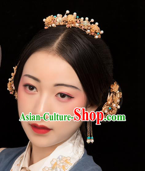 Chinese Classical Golden Phoenix Hair Sticks Handmade Hanfu Hair Accessories Ancient Ming Dynasty Empress Hairpins