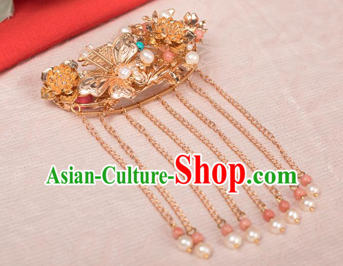 Chinese Classical Golden Butterfly Hair Stick Handmade Hanfu Hair Accessories Ancient Ming Dynasty Empress Tassel Hairpins