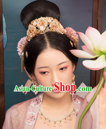 Chinese Classical Golden Lotus Hair Crown Handmade Hanfu Hair Accessories Ancient Song Dynasty Empress Hairpins Pearls Hair Comb
