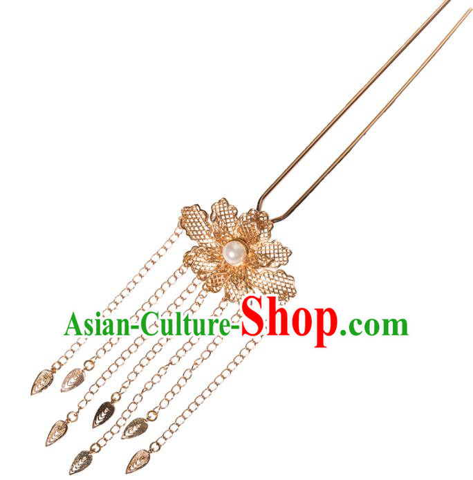 Chinese Classical Golden Peony Tassel Hair Stick Handmade Hanfu Hair Accessories Ancient Ming Dynasty Princess Hairpins