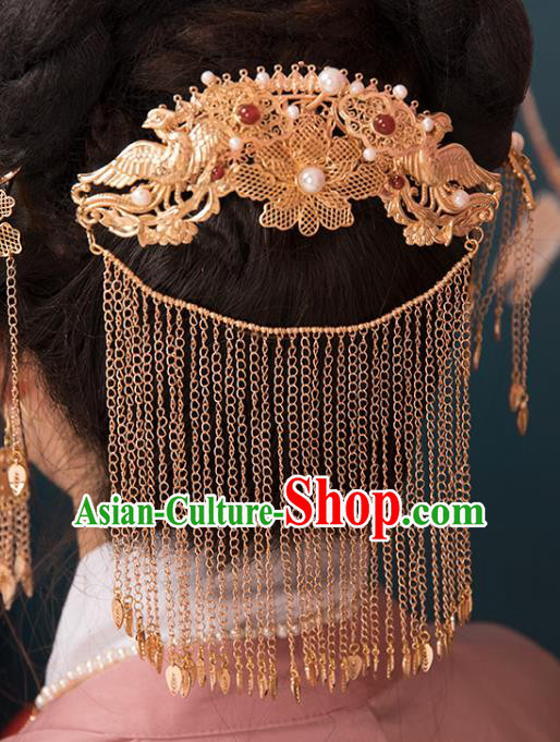 Chinese Classical Golden Hair Stick Handmade Hanfu Hair Accessories Ancient Ming Dynasty Princess Back Tassel Hairpins