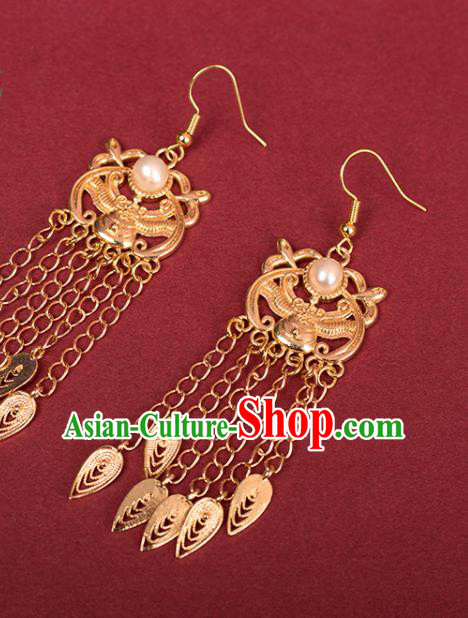 Chinese Handmade Golden Tassel Earrings Classical Ear Accessories Hanfu Ming Dynasty Princess Pearl Eardrop