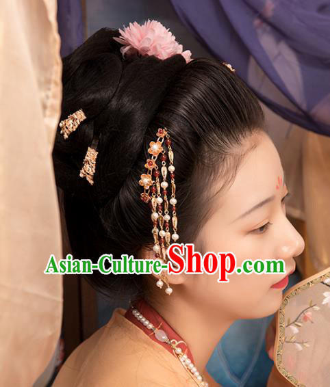 Chinese Classical Golden Plum Hair Stick Handmade Hanfu Hair Accessories Ancient Ming Dynasty Princess Tassel Hairpins