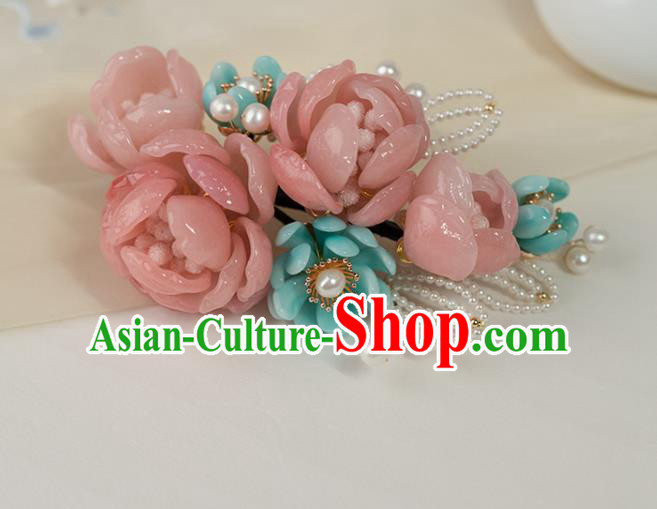 Chinese Classical Pink Flowers Hair Stick Handmade Hanfu Hair Accessories Ancient Ming Dynasty Hairpins
