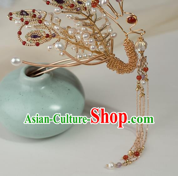 Chinese Classical Court Hair Stick Handmade Hanfu Hair Accessories Ancient Ming Dynasty Princess Pearls Golden Phoenix Hairpins