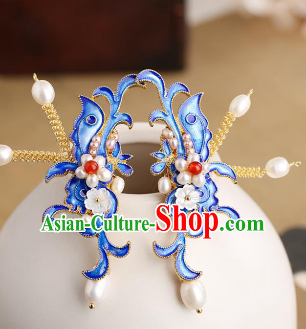 Chinese Classical Palace Blueing Pearls Hair Stick Handmade Hanfu Hair Accessories Ancient Ming Dynasty Princess Hairpins