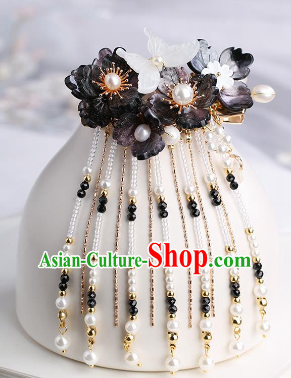 Chinese Classical Palace Shell Butterfly Hair Sticks Handmade Hanfu Hair Accessories Ancient Ming Dynasty Princess Black Flowers Tassel Hairpins
