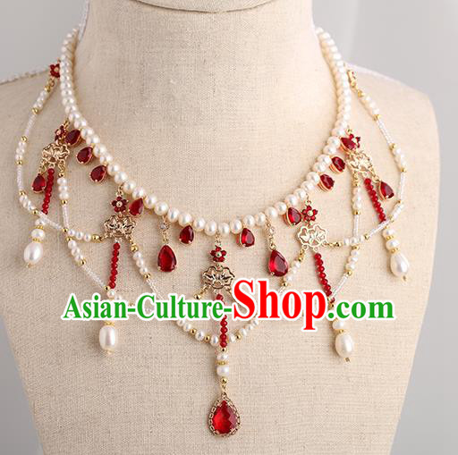 Chinese Handmade Red Crystal Necklet Classical Jewelry Accessories Ancient Ming Dynasty Princess Hanfu Pearls Necklace for Women