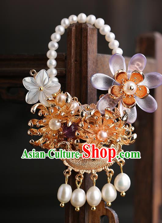 Chinese Handmade Classical Chrysanthemum Accessories Ancient Hanfu Ming Dynasty Princess Pearls Brooch