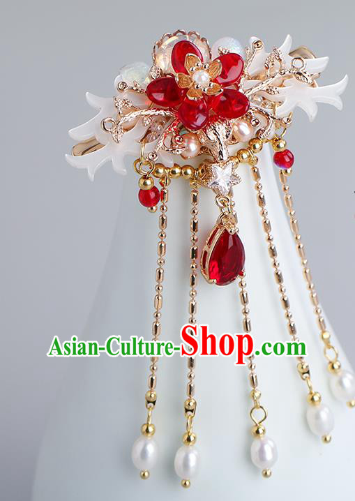 Chinese Classical Palace Red Crystal Tassel Hair Sticks Handmade Hanfu Hair Accessories Ancient Ming Dynasty Princess Shell Hairpins