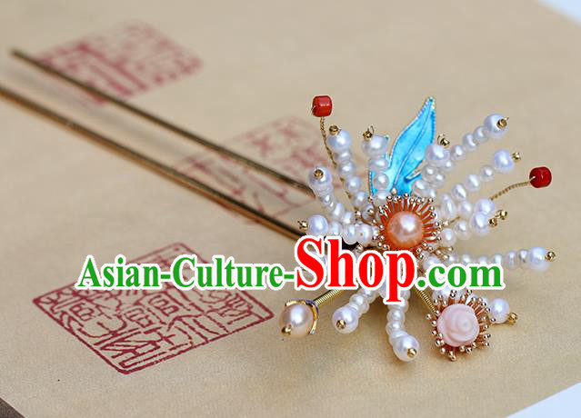 Chinese Classical Palace Chrysanthemum Hair Stick Handmade Hanfu Hair Accessories Ancient Ming Dynasty Princess Pearl Hairpins