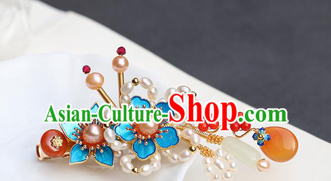 Chinese Classical Palace Blueing Plum Hair Stick Handmade Hanfu Hair Accessories Ancient Ming Dynasty Princess Pearls Ceregat Hairpins