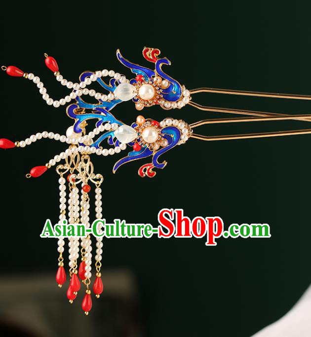 Chinese Classical Palace Blueing Phoenix Hair Stick Handmade Hanfu Hair Accessories Ancient Qing Dynasty Princess Pearls Tassel Hairpins