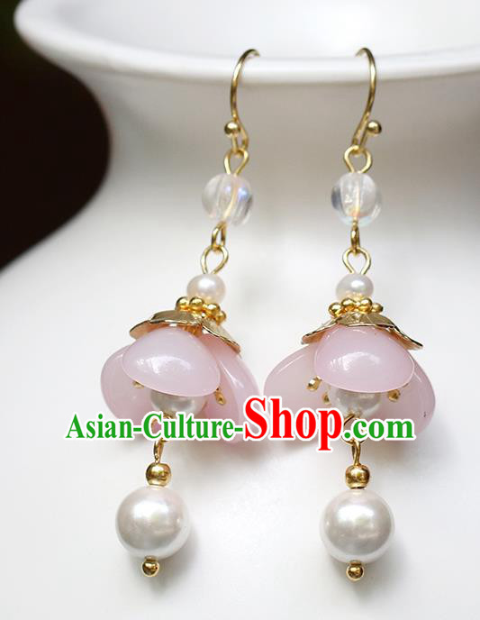 Chinese Handmade Pink Flower Earrings Classical Ear Accessories Hanfu Qing Dynasty Princess Eardrop