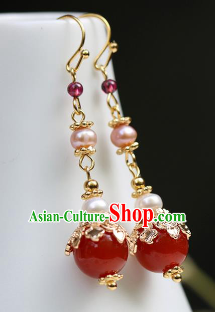 Chinese Handmade Agate Earrings Classical Ear Accessories Hanfu Qing Dynasty Princess Pearl Eardrop