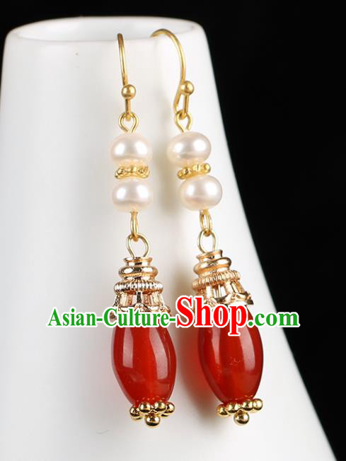 Chinese Handmade Pearl Earrings Classical Ear Accessories Hanfu Qing Dynasty Princess Red Agate Eardrop