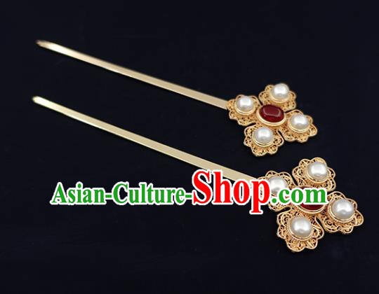 Chinese Classical Palace Gems Hair Stick Handmade Hanfu Hair Accessories Ancient Ming Dynasty Empress Golden Hairpins