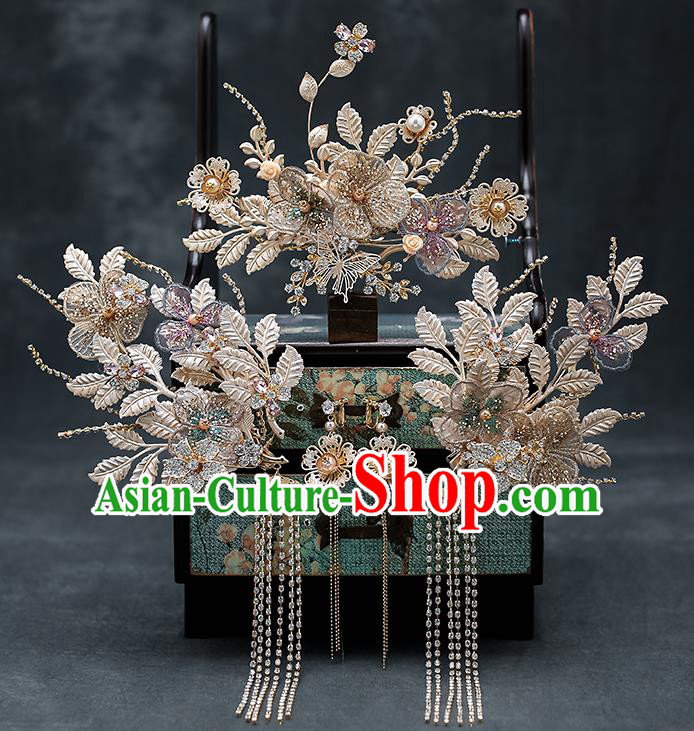 Chinese Classical Wedding Plum Blossom Hair Crown Handmade Hair Accessories Ancient Bride Tassel Hairpins Hair Sticks Complete Set