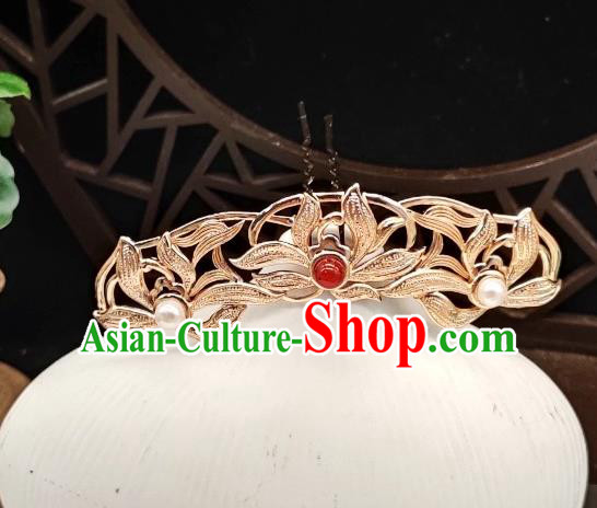 Chinese Classical Gems Hair Crown Handmade Hanfu Hair Accessories Ancient Tang Dynasty Princess Golden Lotus Hairpins