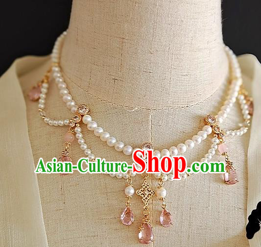Chinese Handmade Ming Dynasty Pink Crystal Necklet Classical Jewelry Accessories Ancient Princess Hanfu Pearls Necklace for Women