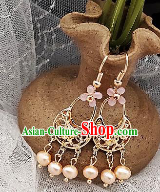 Chinese Handmade Pearls Tassel Earrings Classical Ear Accessories Hanfu Ming Dynasty Princess Golden Eardrop