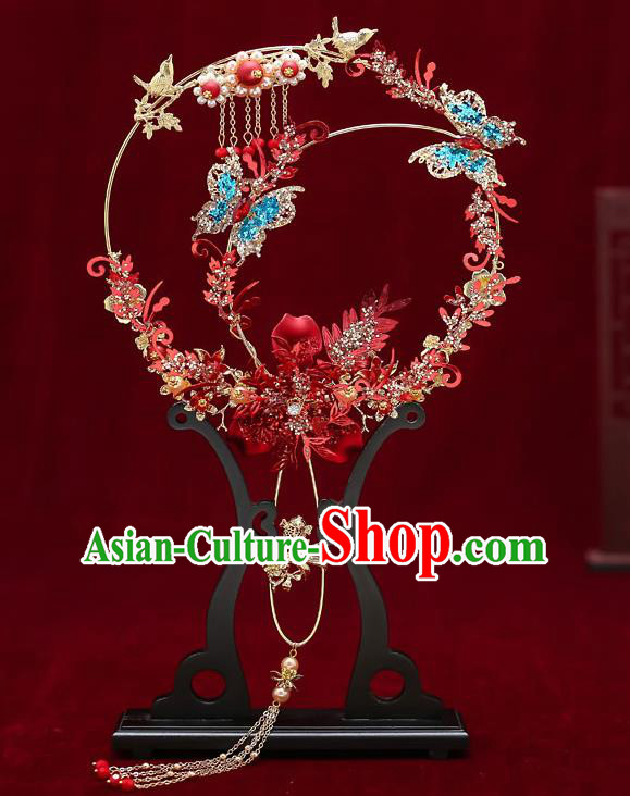 Chinese Handmade Wedding Blue Crystal Butterfly Palace Fans Classical Fans Ancient Bride Blueing Pearls Round Fans