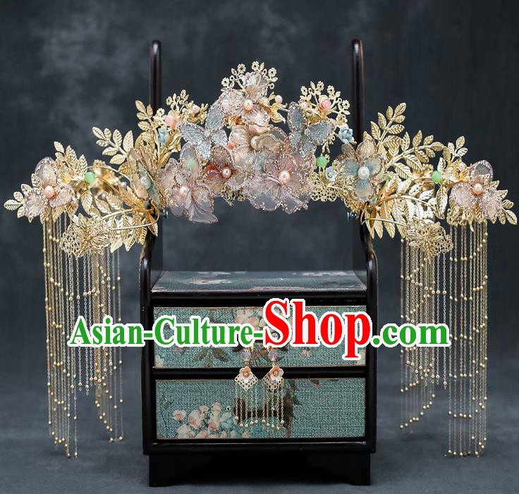 Chinese Classical Wedding Flowers Butterfly Hair Crown Handmade Hair Accessories Ancient Bride Hairpins Complete Set