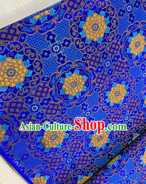 Chinese Traditional Yellow Peony Pattern Royalblue Silk Fabric Brocade Drapery Tang Suit Damask Material