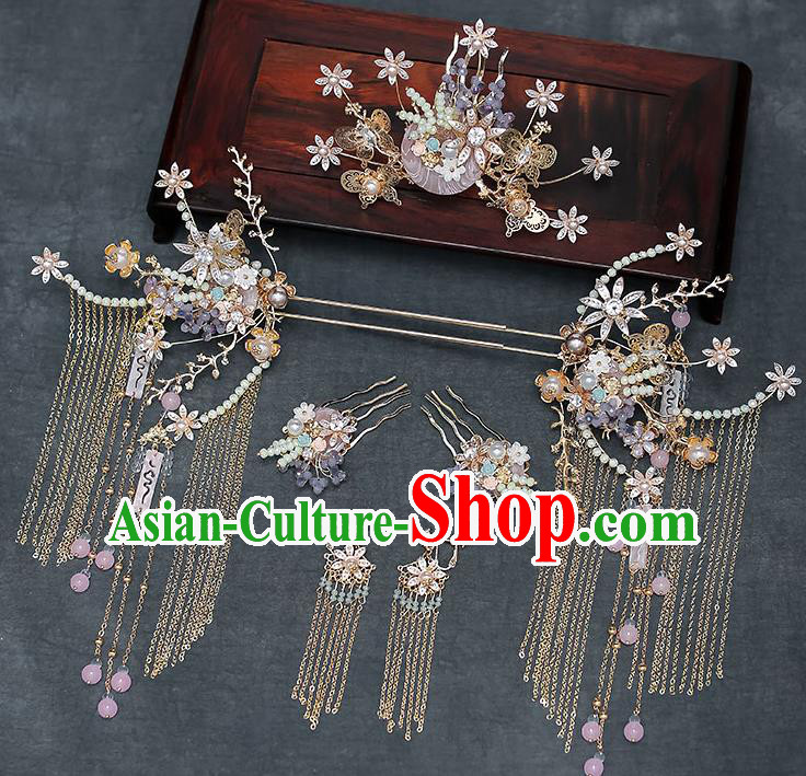 Chinese Handmade Hair Comb Classical Wedding Hair Accessories Ancient Bride Pearls Tassel Hairpins Complete Set
