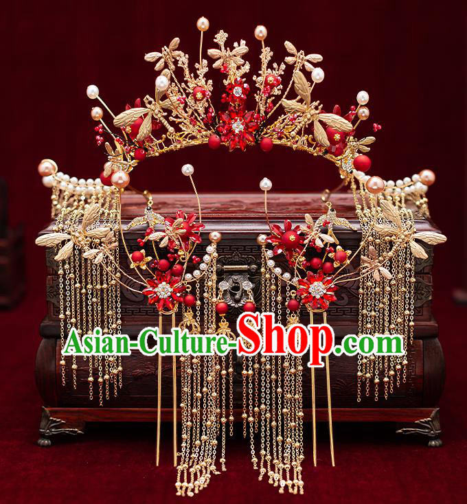 Chinese Handmade Golden Dragonfly Phoenix Coronet Classical Wedding Hair Accessories Ancient Bride Tassel Hairpins Complete Set